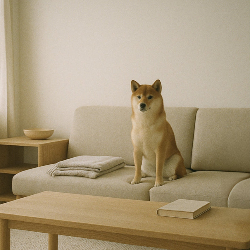 Dog sitting on a beige sofa in a living room with a wooden coffee table and side table.
